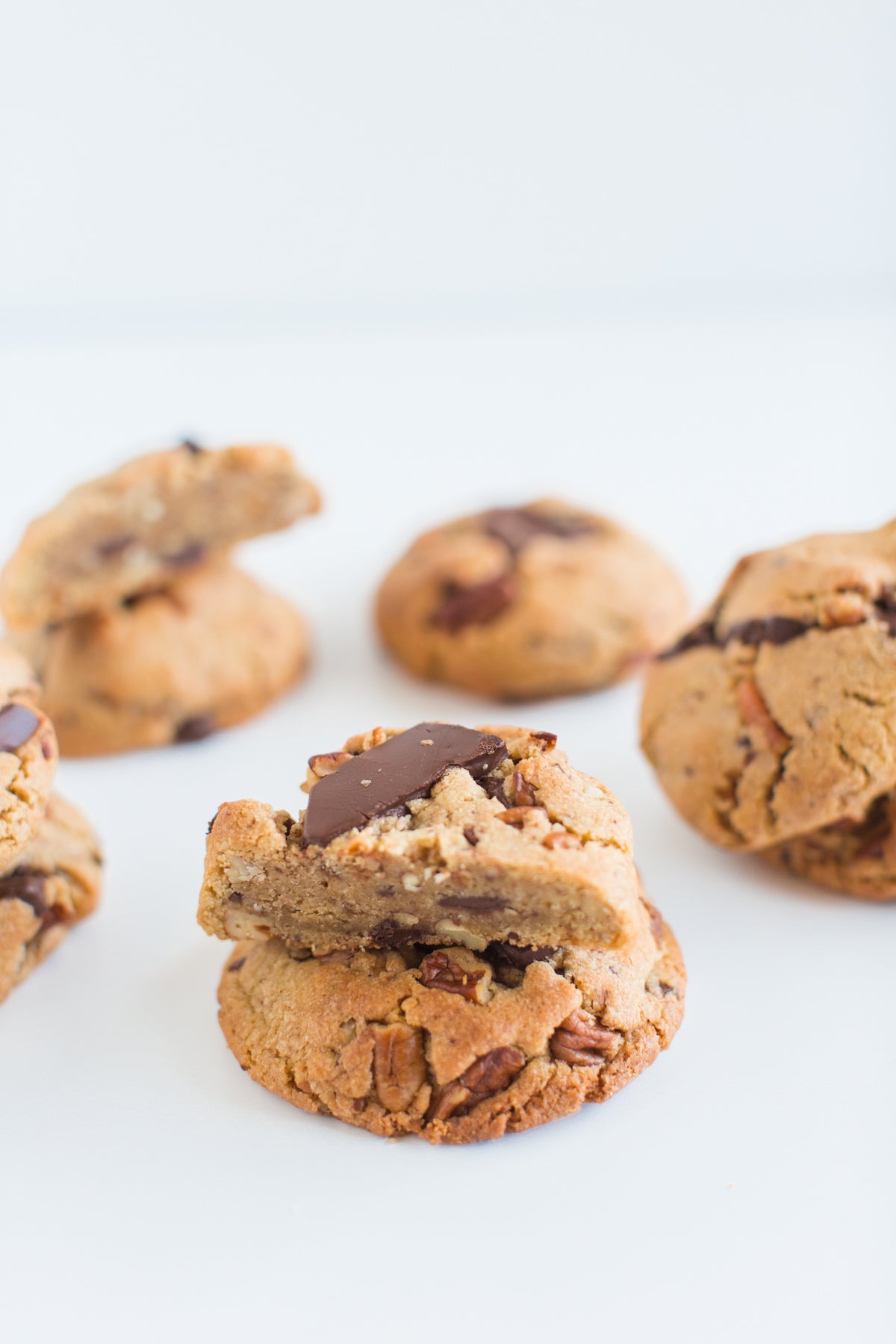 Chocolate Chip Pecan cookies showing six other cookies