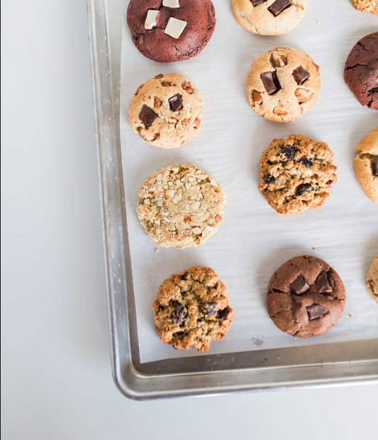 Mini cookies on baking tray stock photo