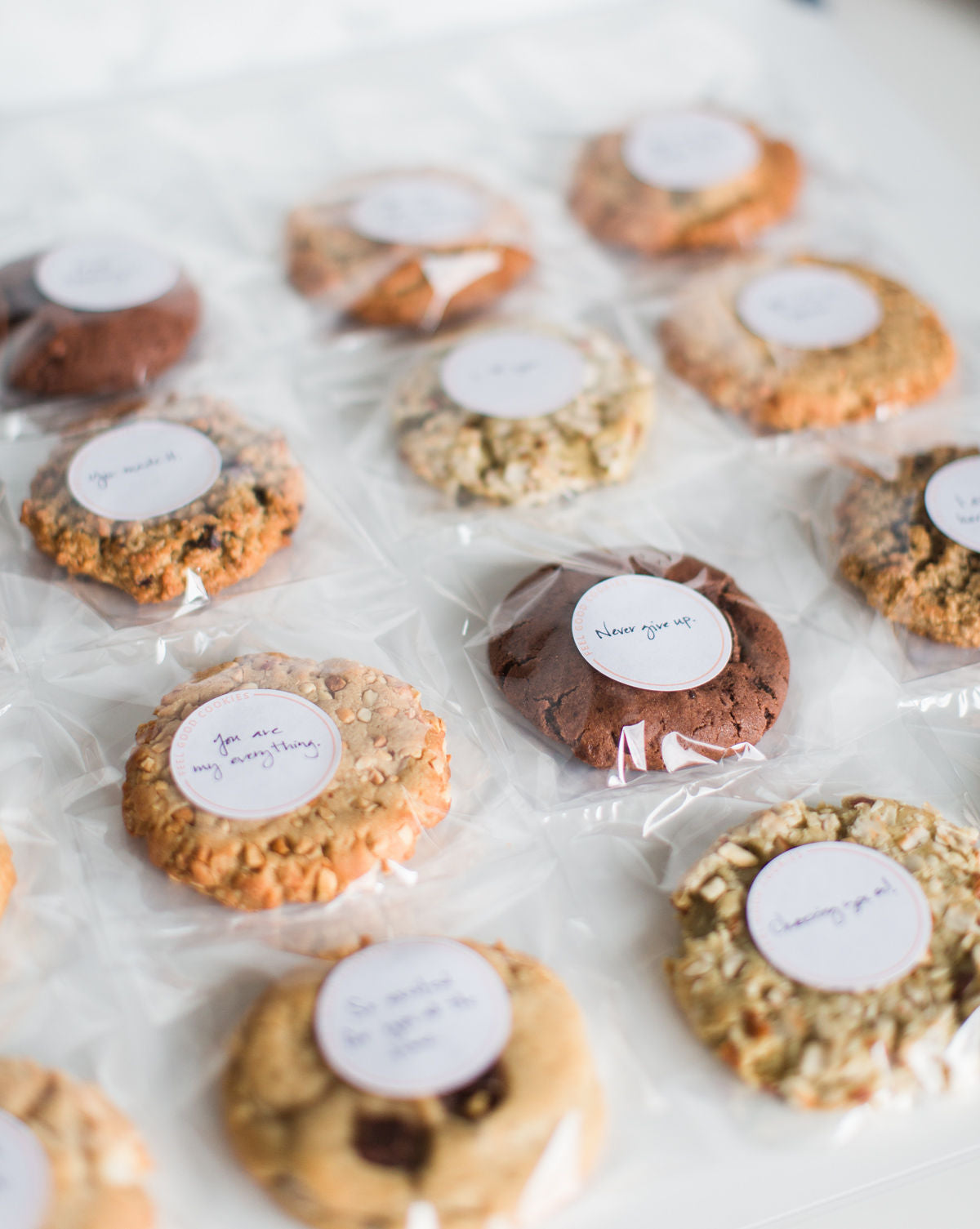 Individually sealed mini cookies with printed gratitude notes